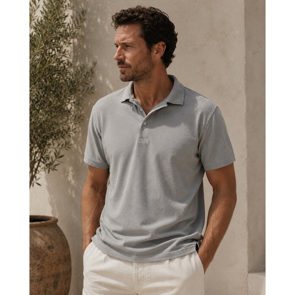 Buck Mason Men's Pique Knit Cotton Linen Short Sleeve Polo Shirt Grey- XL